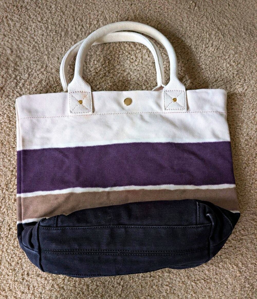 J.CREW Canvas Striped Tote Bag with White Double Handles Zip/Snap Pockets